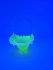 Vintage Fenton Vaseline Glass Hobnail Basket Opalescent Ruffled Handle 7" Uraniu