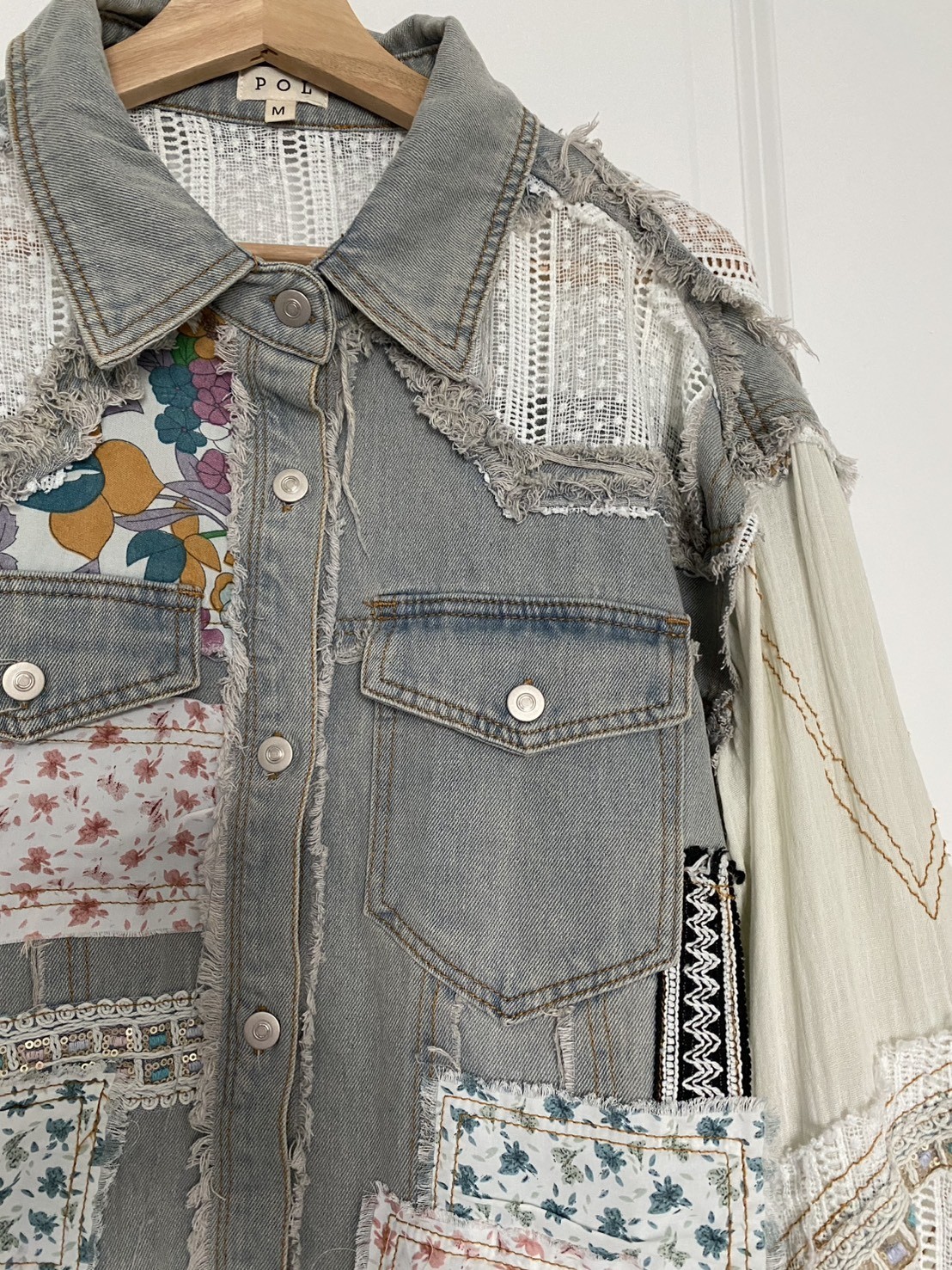 POL Denim Jacket Women's M Patchwork Embroidered … - image 8