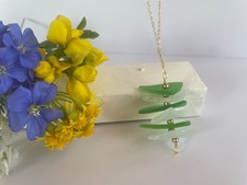 Colorful Green and White Authentic Sea Glass Pendant Necklace on Gold Chain
