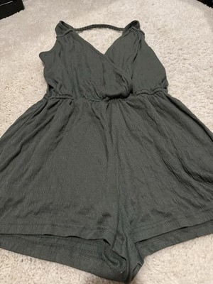 Universal Thread Green Solid V-Neck Sleeveless Cotton Romper Braided XS