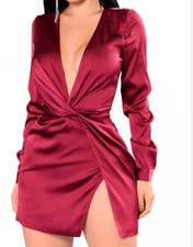 Fashion Nova Satin Twist Deep V Burgundy Long Sleeve Mini Dress Size S