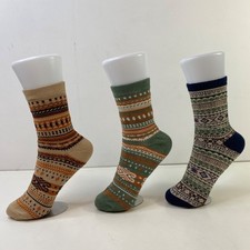 Womens Crew Socks Set 3 Pairs Multicolor Cozy Knit Winter Stripe Tan Green Blue