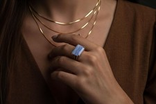 Blue Lace Agate Ring Anemone Rectangle Cut 14k Gold Solitaire Double Band