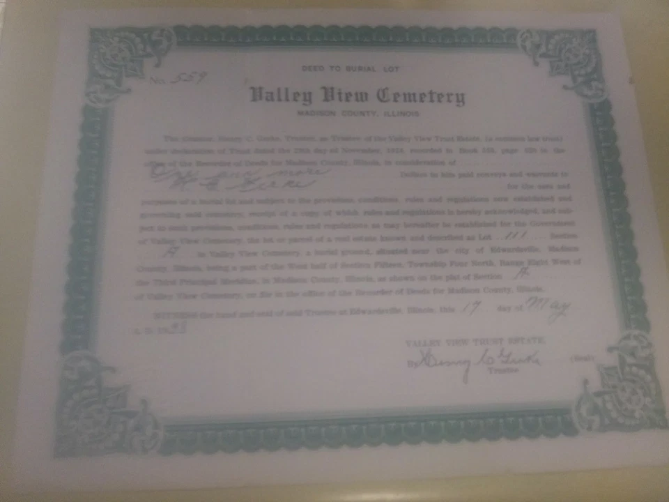 Deed To Burial Lot Plot Valley View Cemetery Madison County Illinois From 1938 - Image 4 of 4