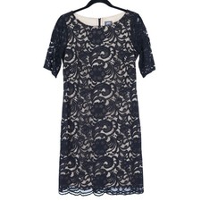 VINCE CAMUTO Lace Overlay Sheath Dress Black Short Sleeve Knee Length Women's 4