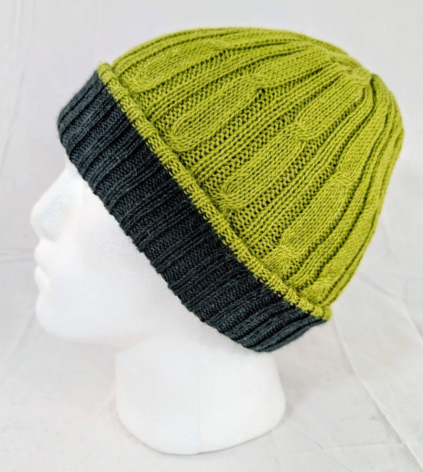 Extra Soft Baby Alpaca Reversible Cable Knit Beanie Green Dark Green Handmade