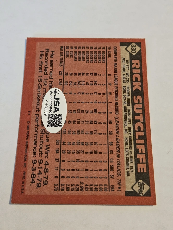Tarjeta de béisbol firmada automática Rick Sutcliffe 1986 Topps #330 Chicago Cubs JSA 539 Foto 2 de 2