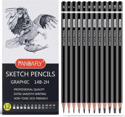 PANDAFLY ART SUPPLIES 12 Piece Professional Graphite Pencil Set for Drawing, Sketching & Shading Art