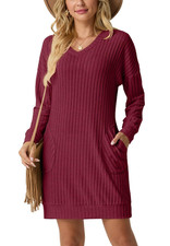Robe En Tricot Femme Hiver Décolleté Manches Longues Robe Sweat Avec Poches Déco