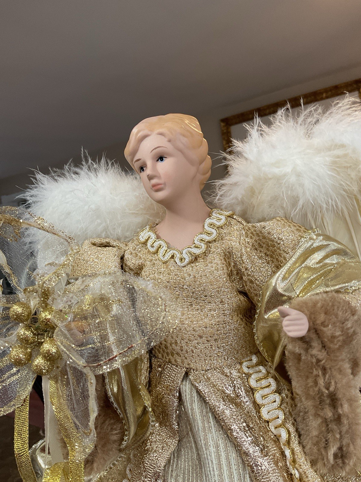 Christmas Angel Tree Topper Ivory Gold And Brown Elegant Gown 17” Stunning