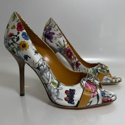 Gucci Floral Open Toe Pumps Heels Horsebit Flora Shoes Size 7.5 | eBay