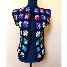 VTG 70s Handmade Crochet Granny Square Vest Boho Patchwork Floral Open Front