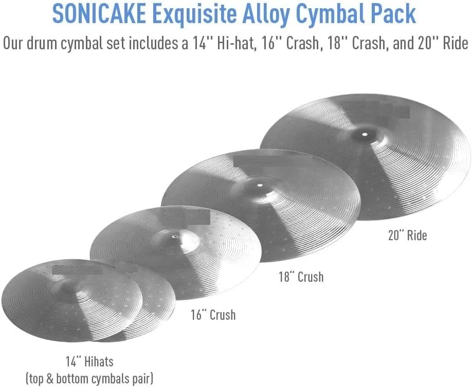 Conjunto de pratos de liga leve 5 peças: 14" Hi-Hat, 16"/18" Crash, 20" Ride, prata - Imagem 2 de 4