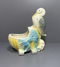 Ceramic Stork w/Yellow Basket Bassinet Blue Bow Small Vintage Planter