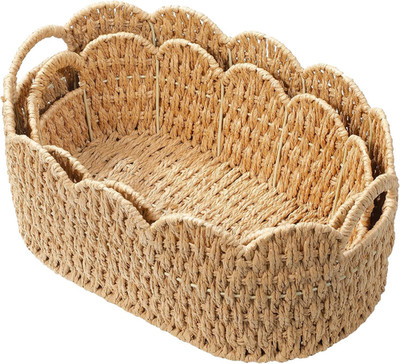 Paper Rope Scalloped Basket Set of 2,Woven Storage Baskets for Shelves,Laundry,T