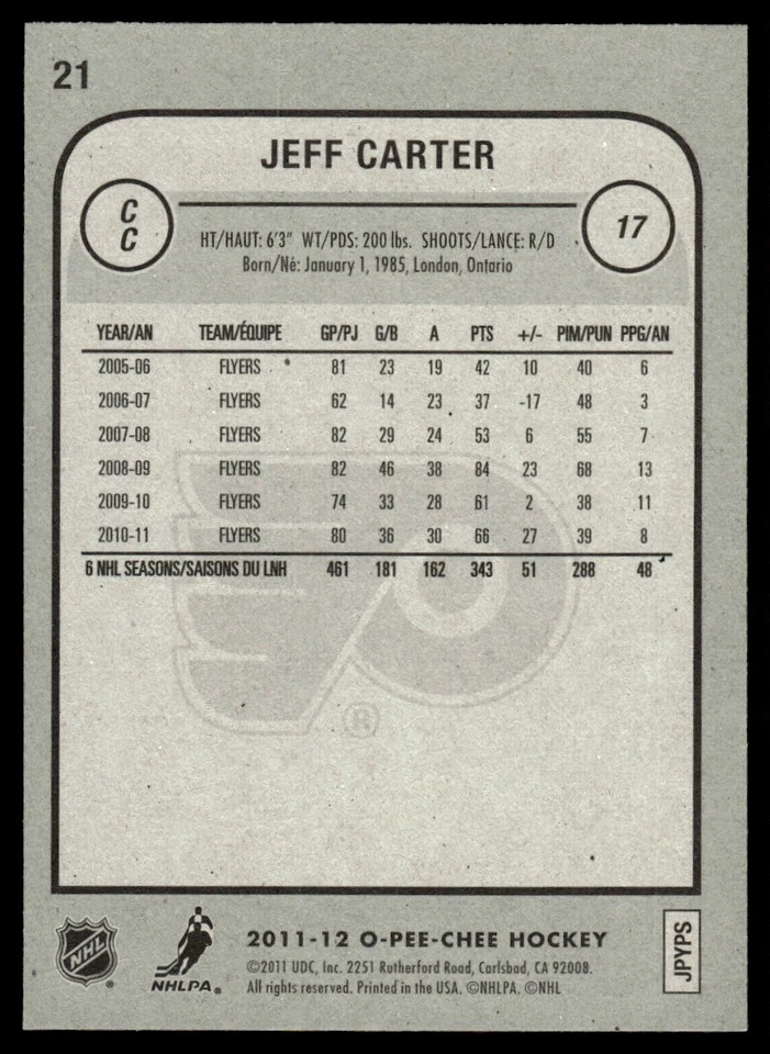 2011-12 O-Pee-Chee Playoff Beard Jeff Carter Philadelphia Flyers #21 - Image 2 of 2