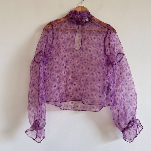 Topshop New Sheer Purple Floral Top Puff Sleeve Sunflower Print Blouse High Neck - Picture 3 of 14