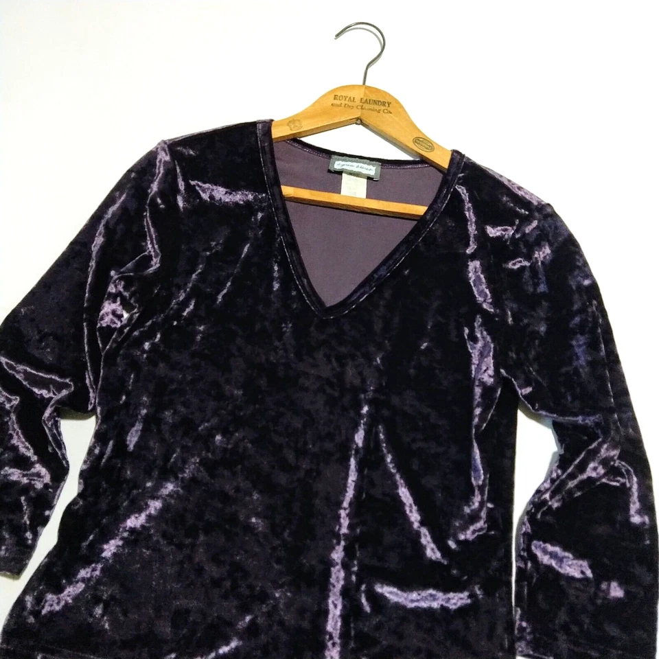 Top Vintage Y2K Púrpura Terciopelo Aplastado Talla M Cuello en V Caprichoso Recorte Azul Aqua Foto 2 de 4