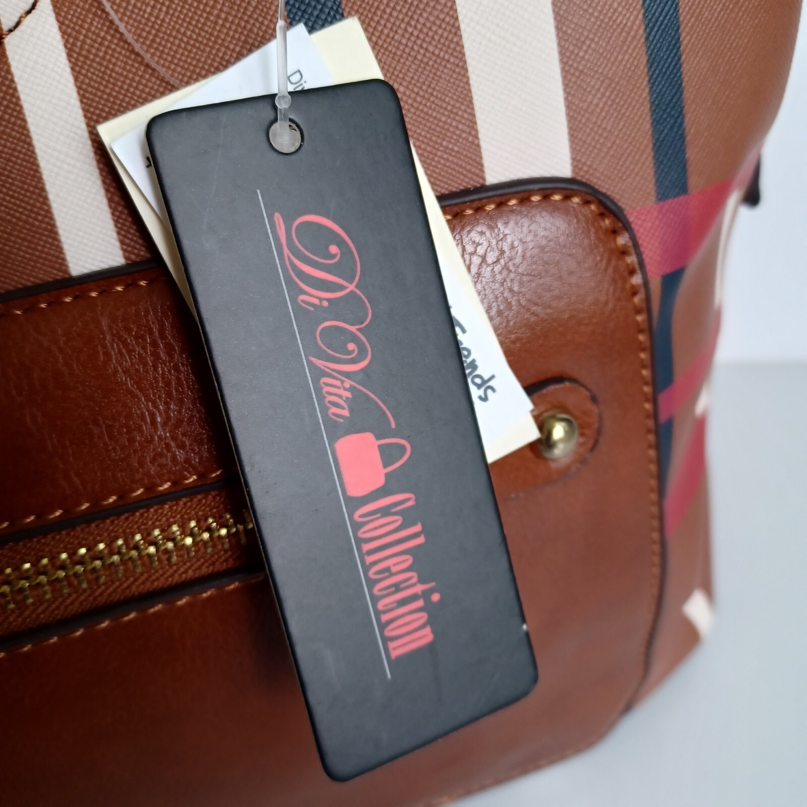 Di Vita Collection Brown Striped Plaid Shoulder Bag/Hand Bag with Fur Pom Charm