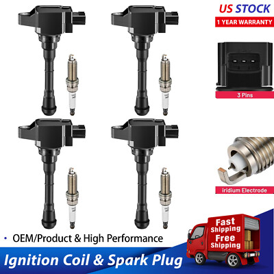 4Pcs UF659 Ignition Bobinas and Spark Plug Kit For 2011-2017 Nissan Juke 1.6L Tu