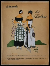 FRENCH ART DECO FASHION, DRESSES, RIBBONS -1922 POCHOIR PRINT- IDEES NOUVELLES