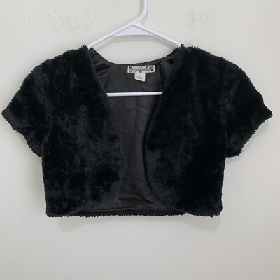 Knit Works Girls Cropped Faux Fur Vest Size 12 Black Top Coat Slip Short Sleeve