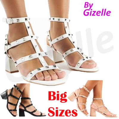 Neu Damenschuhe mit Nieten Knöchelriemen mittelhoher Blockabsatz Sandalen ÜBERGRÖSSEN
