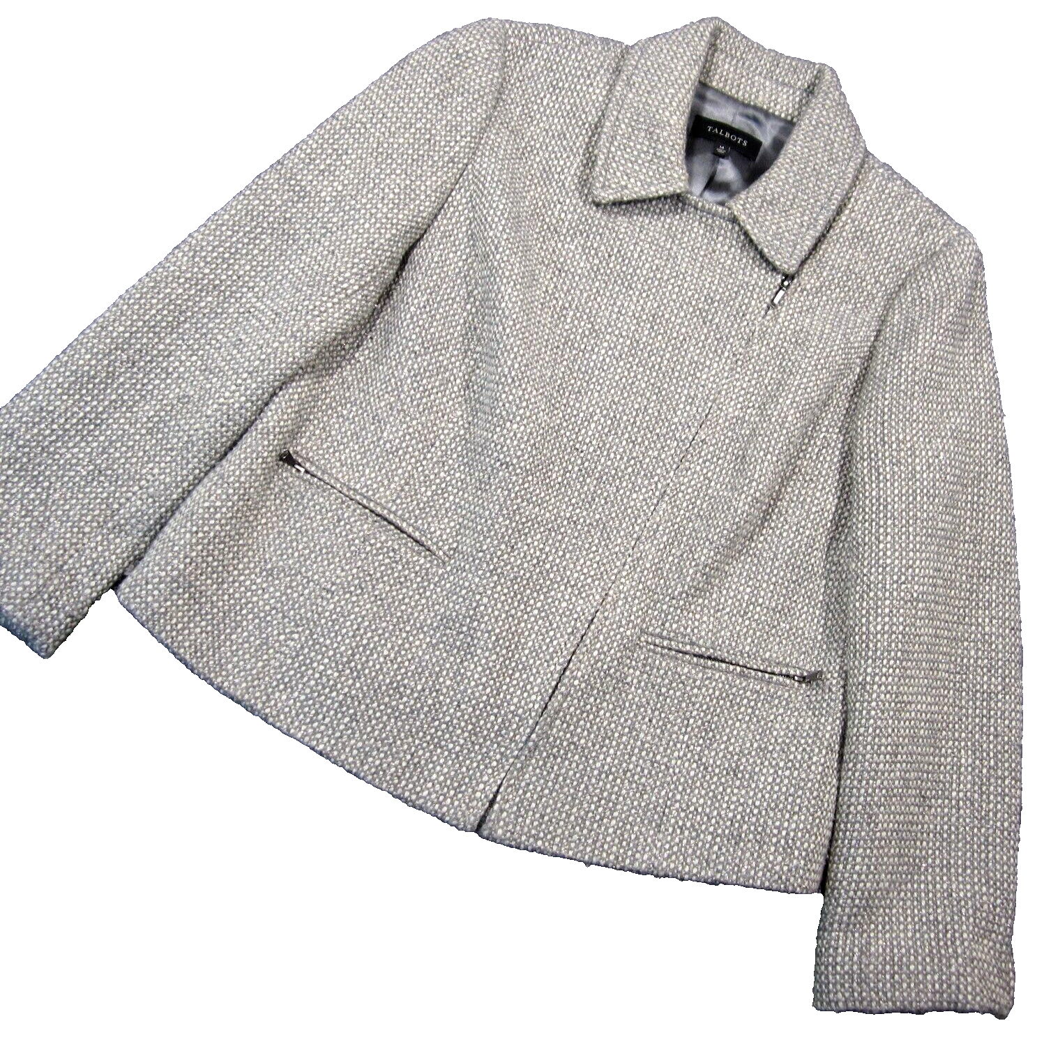 Talbots Wool Blazer Jacket 14 Beige Tweed Asymmetric Zip Pocket Neutral Corpcore