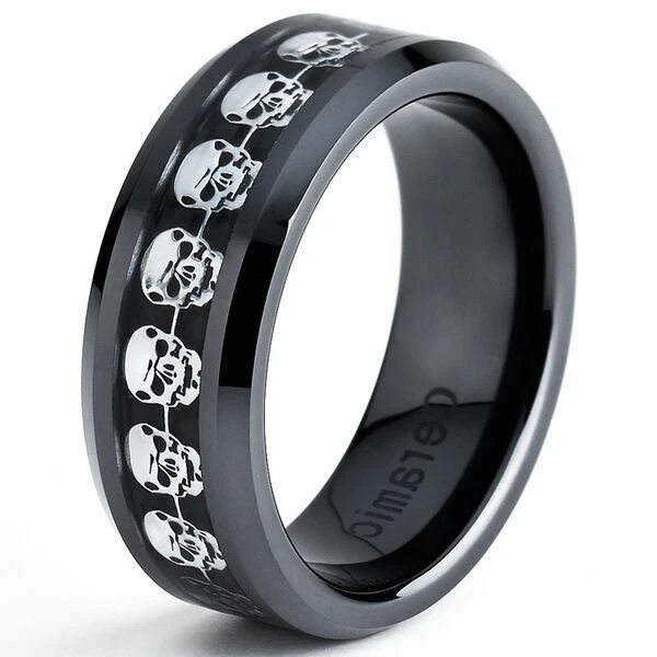 Anillo de boda de cerámica con incrustaciones de fibra de carbono con calavera de 8 mm para hombre Foto 2 de 4
