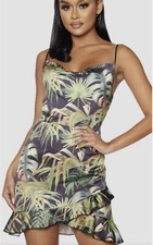 Pretty Little Thing Black Tropical Print Satin Frill Hem Dress NEW Size 6