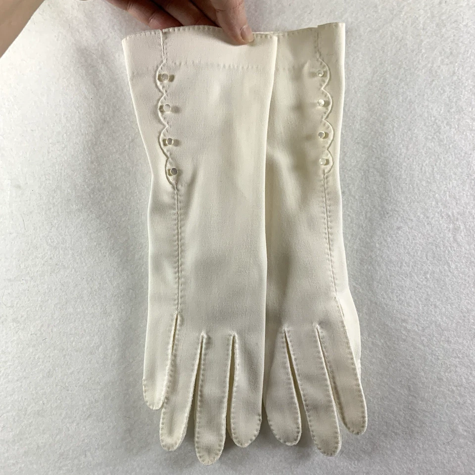 Guantes elegantes vintage para mujer pequeños blancos para boda iglesia fiesta del té imitación perla Foto 3 de 4