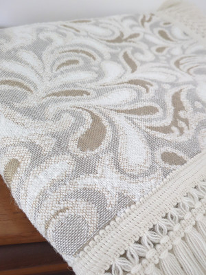 Vintage Scandi Tablecloth Ecru Cream Brown Rectangular Fringed Mid Century 70s