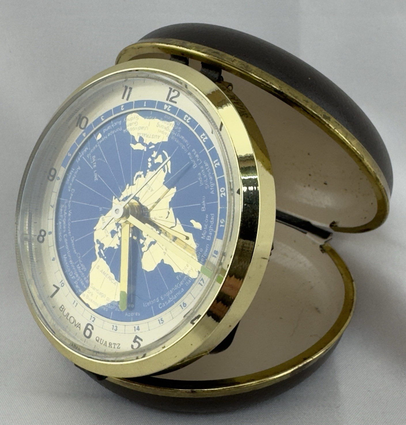 Vintage Bulova Quartz Folding World Time Travel Alarm Clock Working