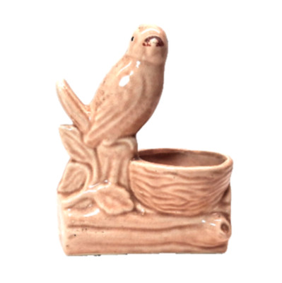 Vintage Ceramic Bird Planter Nest Log Design Cottage Decor Pink Tan