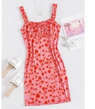 SHEIN NWOT Ruched Bust Frill Trim Heart Print Bodycon Dress Women’s Size Medium