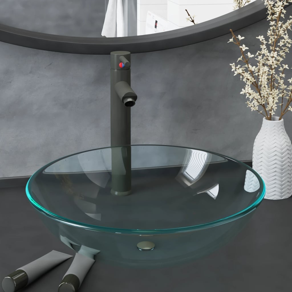 Set Lavandino Bagno Moderno Vetro Trasparente con Piletta Inclusa