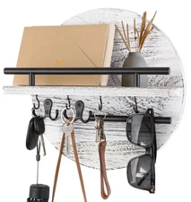 Key Holder for Wall with Shelf - Wood Mail Organizer and Rack with Shelf Hook...
