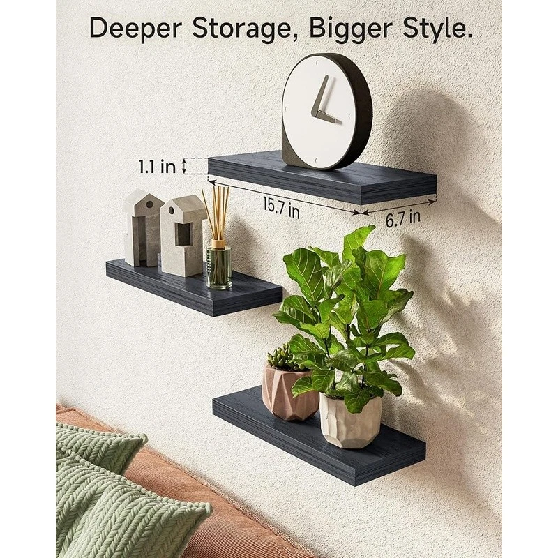 Rustic Wall Mounted Shelves Set of 3 High Weight Capacity Easy Install Storage - Image 4 of 4