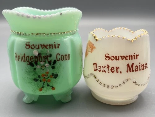 2 Antique Souvenir Toothpick Holders Uranium UV Glass Georgia Gem & Milk Glass