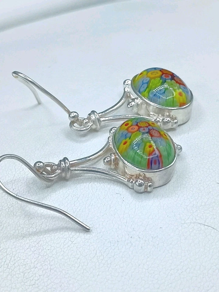 Vintage Murano Millefiori Earrings Sterling Silver Italy Venetian Glass Flowers - Image 4 of 4
