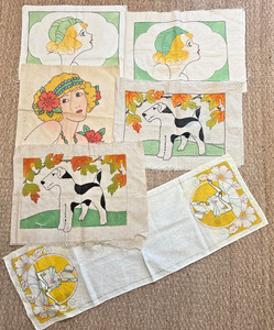 Vintage 1930s Hand Embroidered Stencil Pillow Cover & Dresser Scarf Lot (6)
