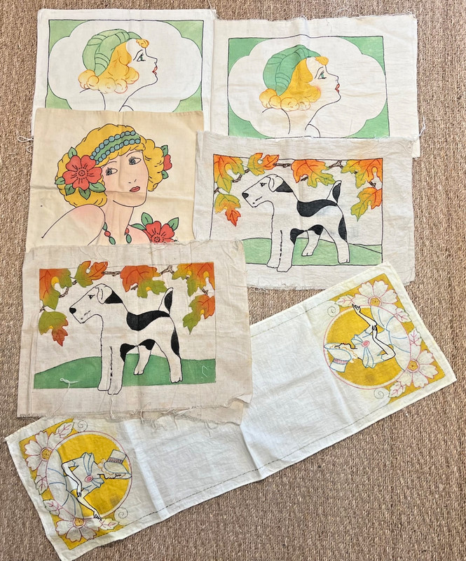 Vintage 1930s Hand Embroidered Stencil Pillow Cover & Dresser Scarf Lot (6)