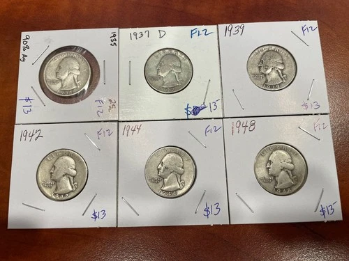 6 Silver Washington Quarters in Fine Condition - 1935,'37D,'39,'42,'44,'48