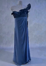 Rickie Freeman For Teri Jon NEW Ruffle One Shoulder Silk Gown Size 6 Ripped Hem