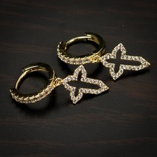 Mens Iced Dangle Huggie Cross Cz Gold Plated Sterling Silver Hoop Earrings