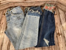 Lot of 2 VIGOSS Girl's 12 Jeans Blue Denim Stars Embroidered Floral Adj Waist
