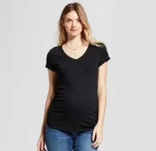 Maternity Top  Sleeve V-Neck Side Shirred Maternity T-Shirt Black Med