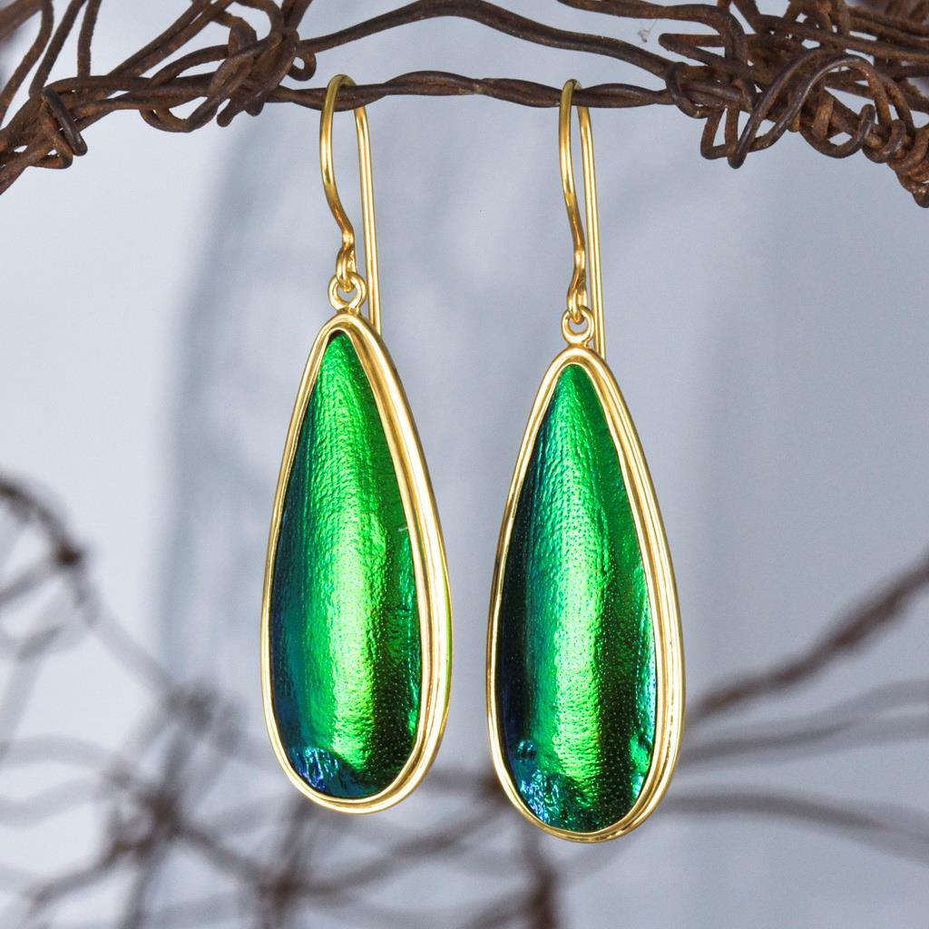 Green Jewel Beetle Wing & Gold Vermeil Sterling Silver Earrings 5.77g Handmade-image