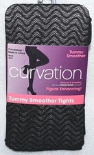Curvation Women's Curvaceous 1-4 Black Wave Pattern Tummy Smoother Tights 3041