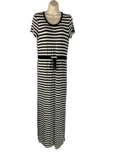 Michael Kors T Shirt Blu Scuro e Bianco Righe Lungo Maxi Abito Spacco Laterale (MED)